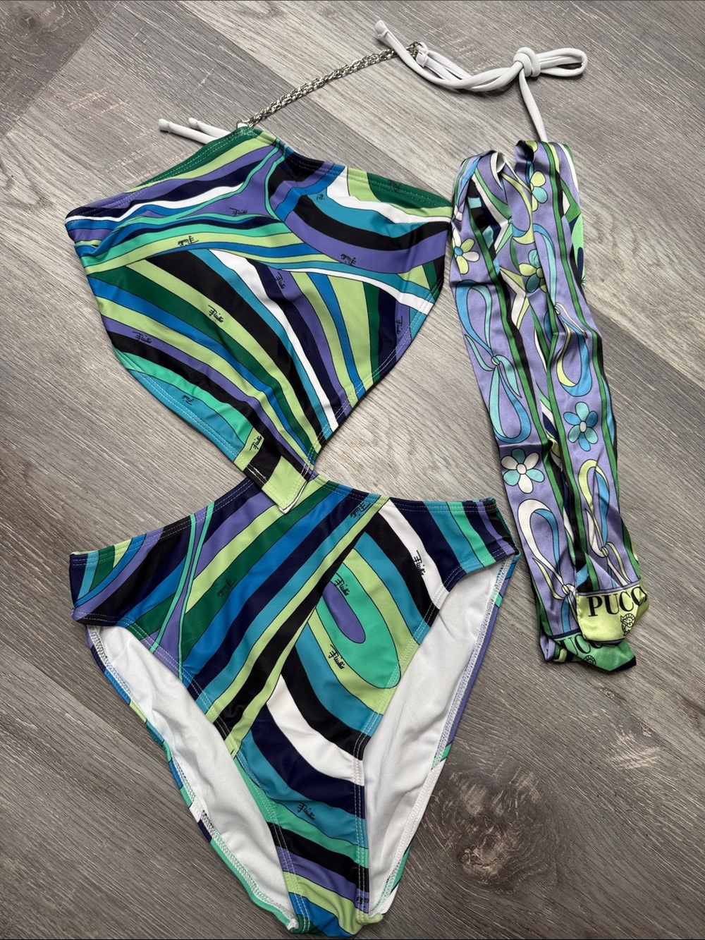 Emilio Pucci Green & Blue Swirl One-Piece Swimsuit